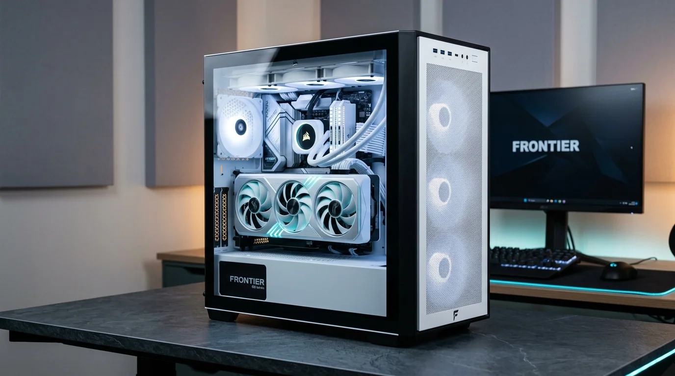 AI-generated illustrative image representing FRONTIER gaming and creator desktop PC