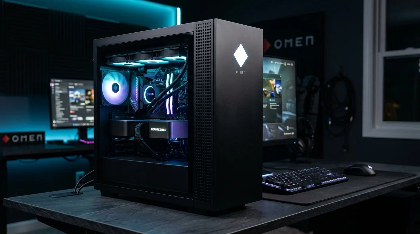 AI-generated illustrative image representing HP OMEN high-performance desktop PC