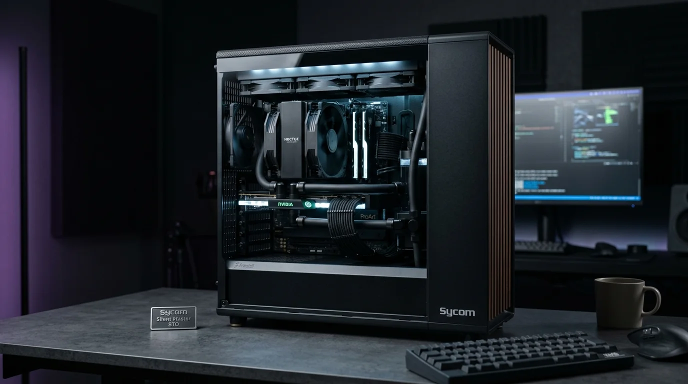 AI-generated illustrative image representing Sycom custom liquid-cooled and silent desktop PC