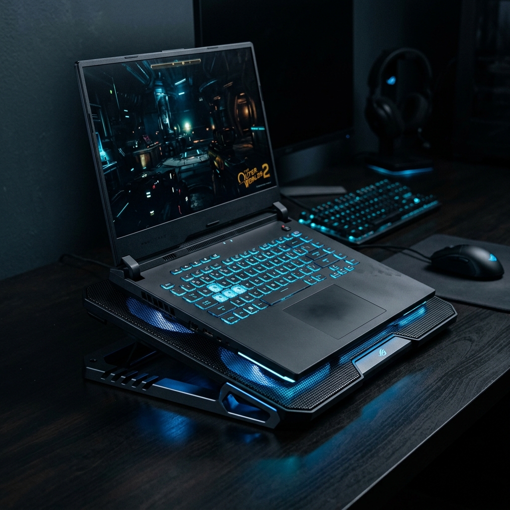 ファン付き冷却台の上に置かれた高性能ノートPC