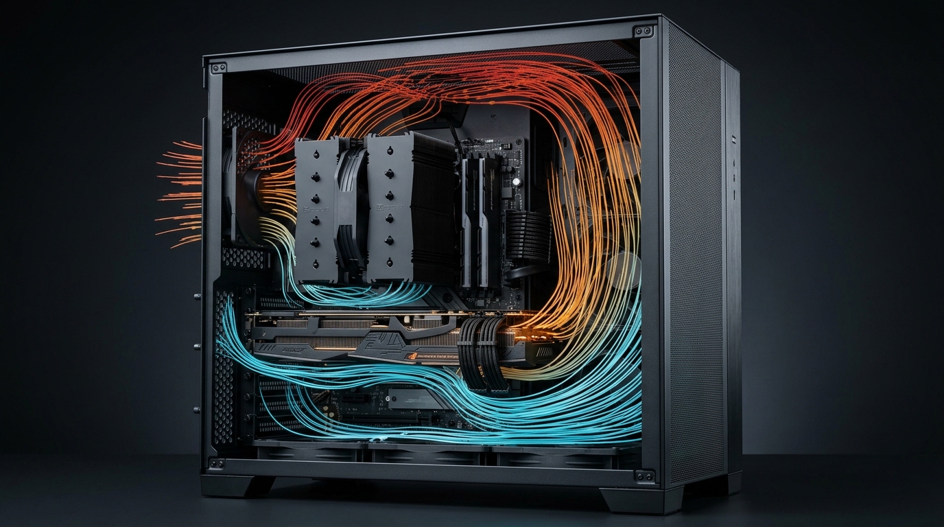 PCケース内部のエアフロー設計と流路イメージ