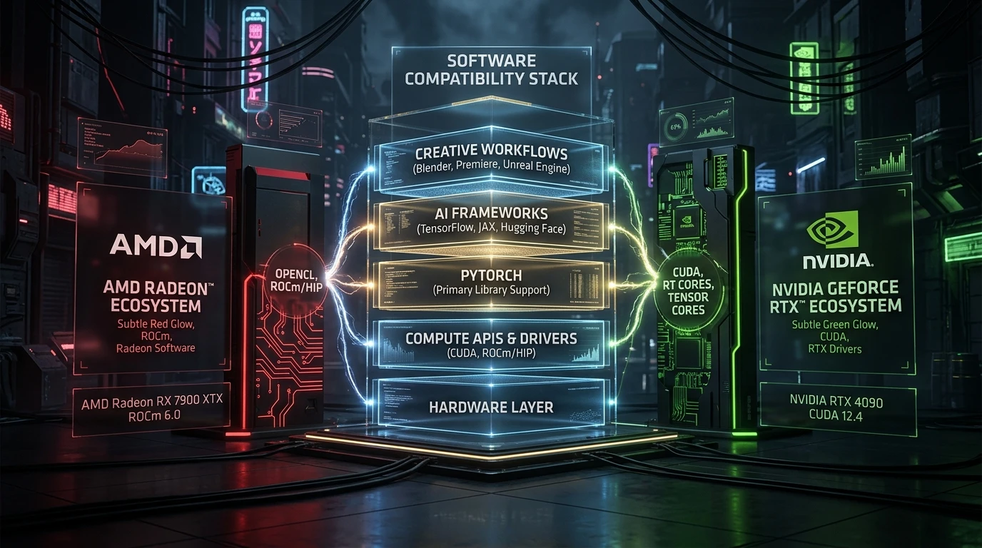 RadeonとGeForce RTXの生成AI対応をCUDA・ROCm・制作ソフトから比較するイメージ