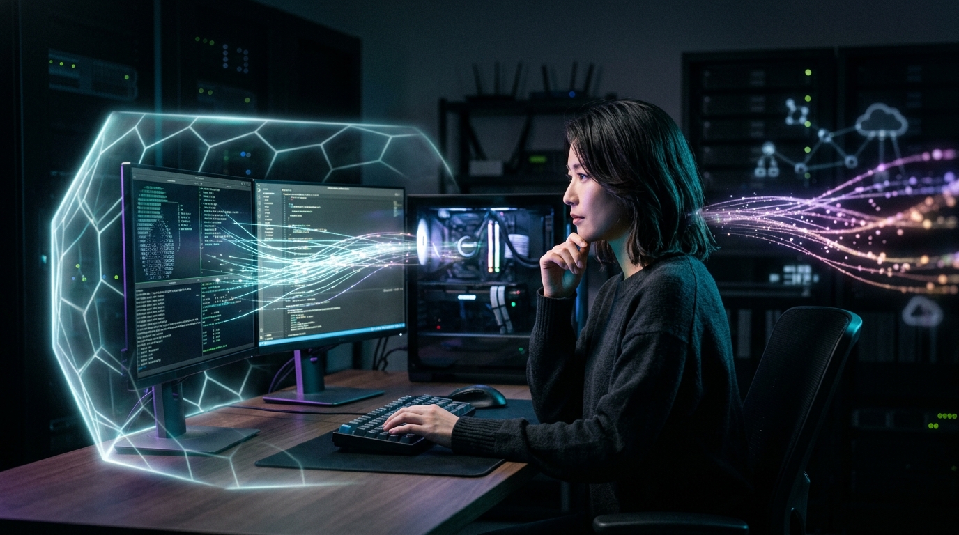AIデータプライバシーとOpenCode・DeepSeekの送信経路・データ保持境界のイメージ