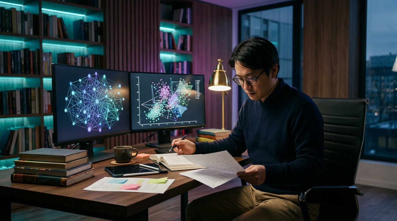 夜の書斎・研究スペースで、印刷された論文資料とデュアルモニター上のネットワーク図・データ可視化を照合する研究者