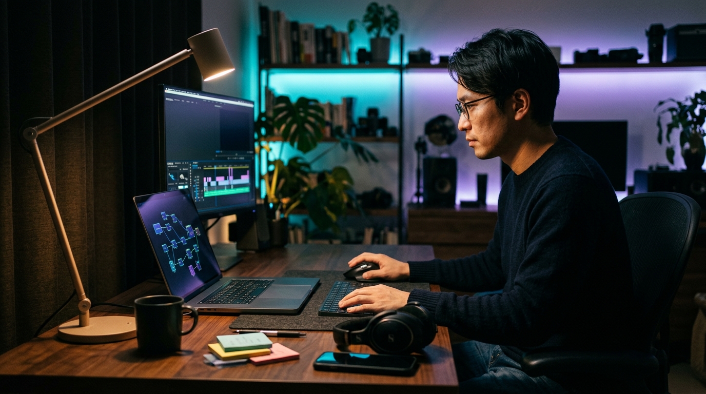 夜の自宅スタジオで、ノード型の自動化フローと動画編集画面を前に作業する人物