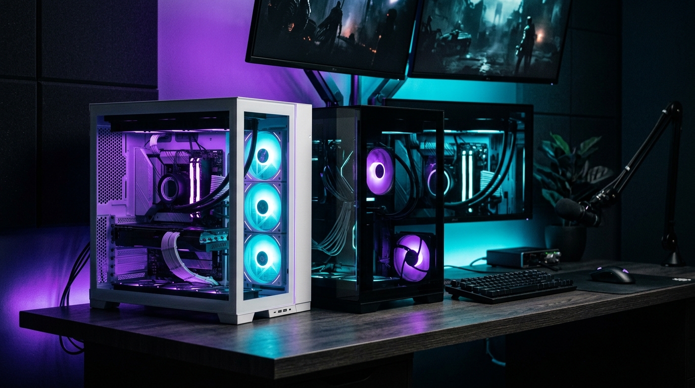 白と黒のゲーミングPCが並ぶダークなデスク環境