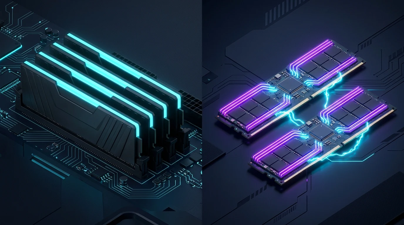 DDR4大容量4枚構成とDDR5高速デスクトップメモリを対比したイメージ
