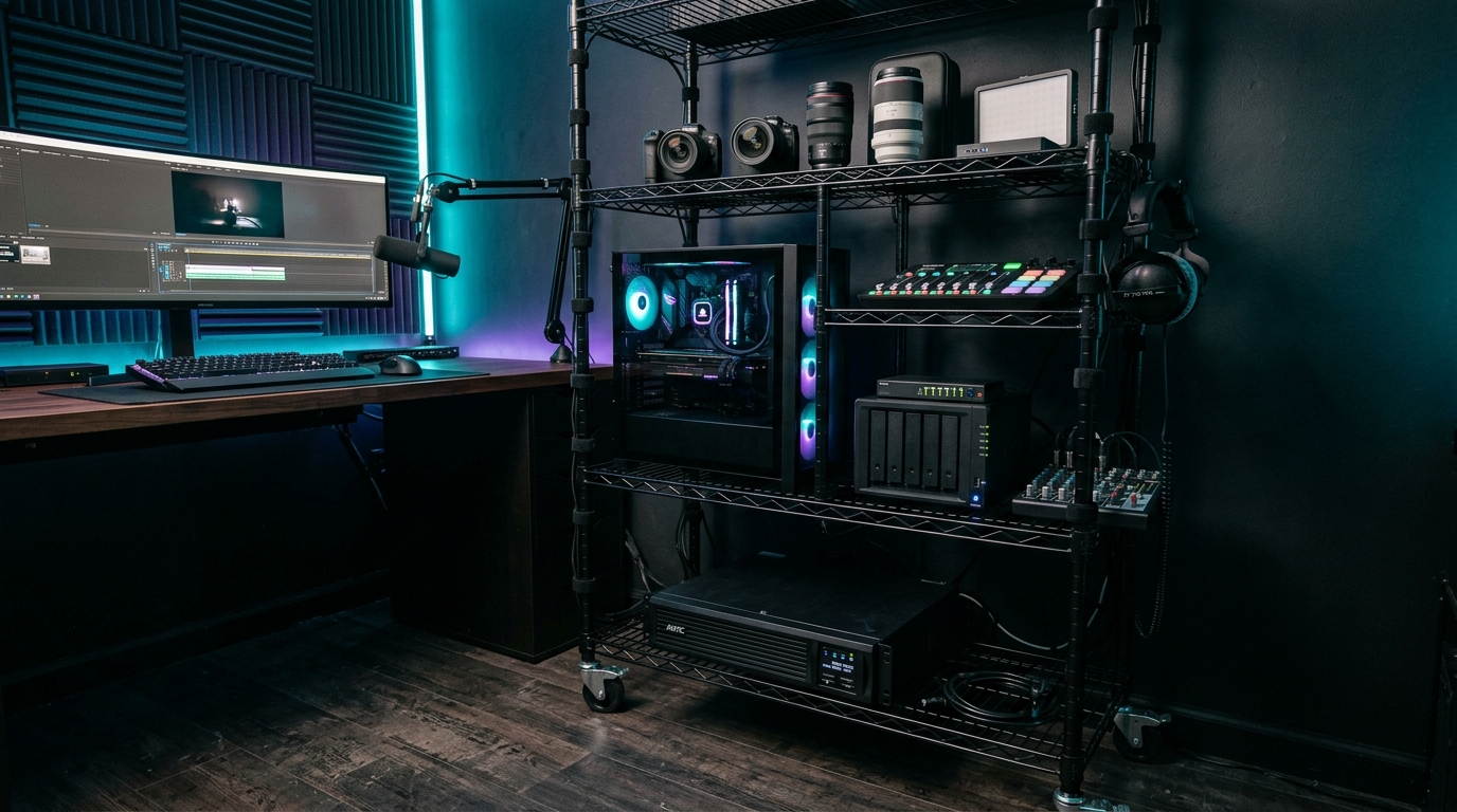 PC・制作機材をまとめるスチールラック収納環境（エレクター・ルミナス・メタルラック）