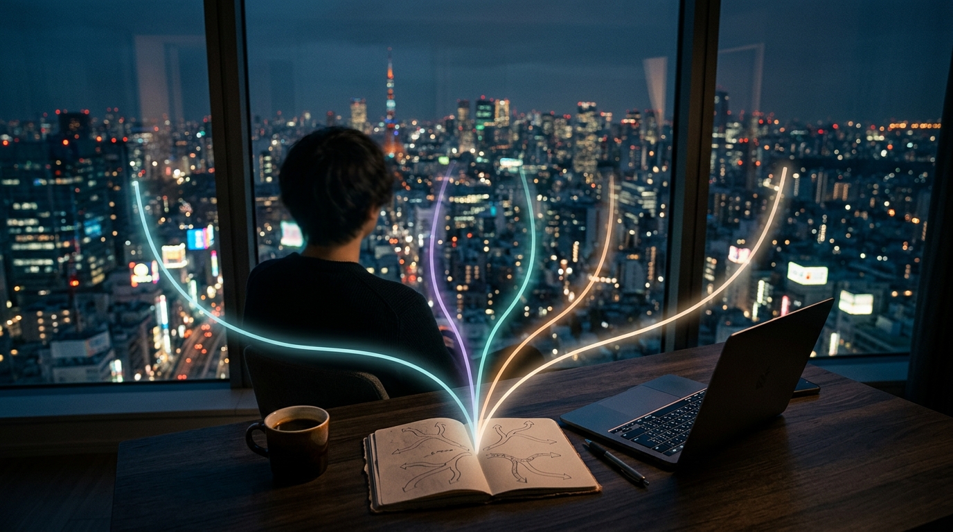 ノートに描かれた5つの分岐ルートと夜の街を見つめる人物。AIを学んだ先の目的を選ぶイメージ