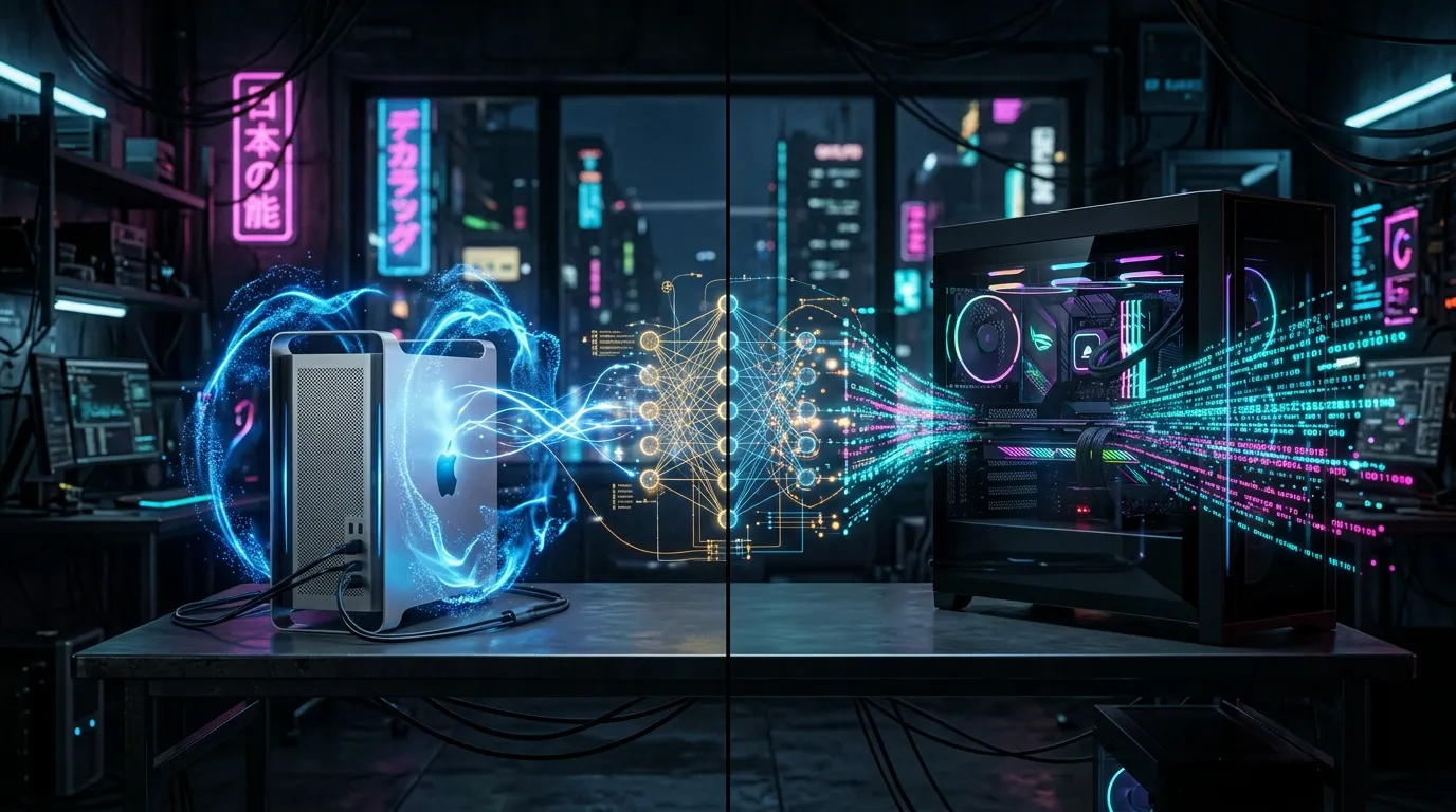 Mac Studio系ワークステーションとRTX搭載BTOワークステーションを比較するイメージ