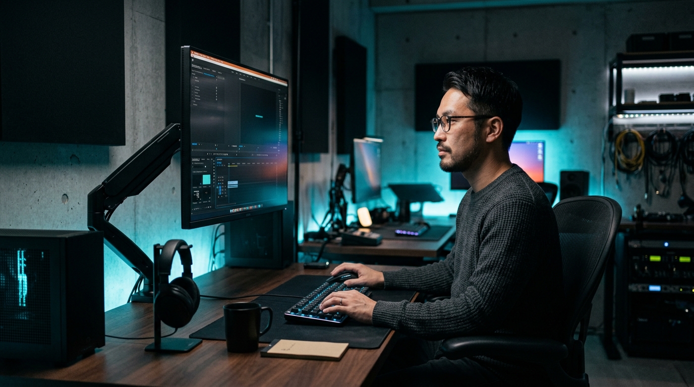 35歳日本人男性クリエイターが最適な目線・視距離でPCモニターを使用する様子
