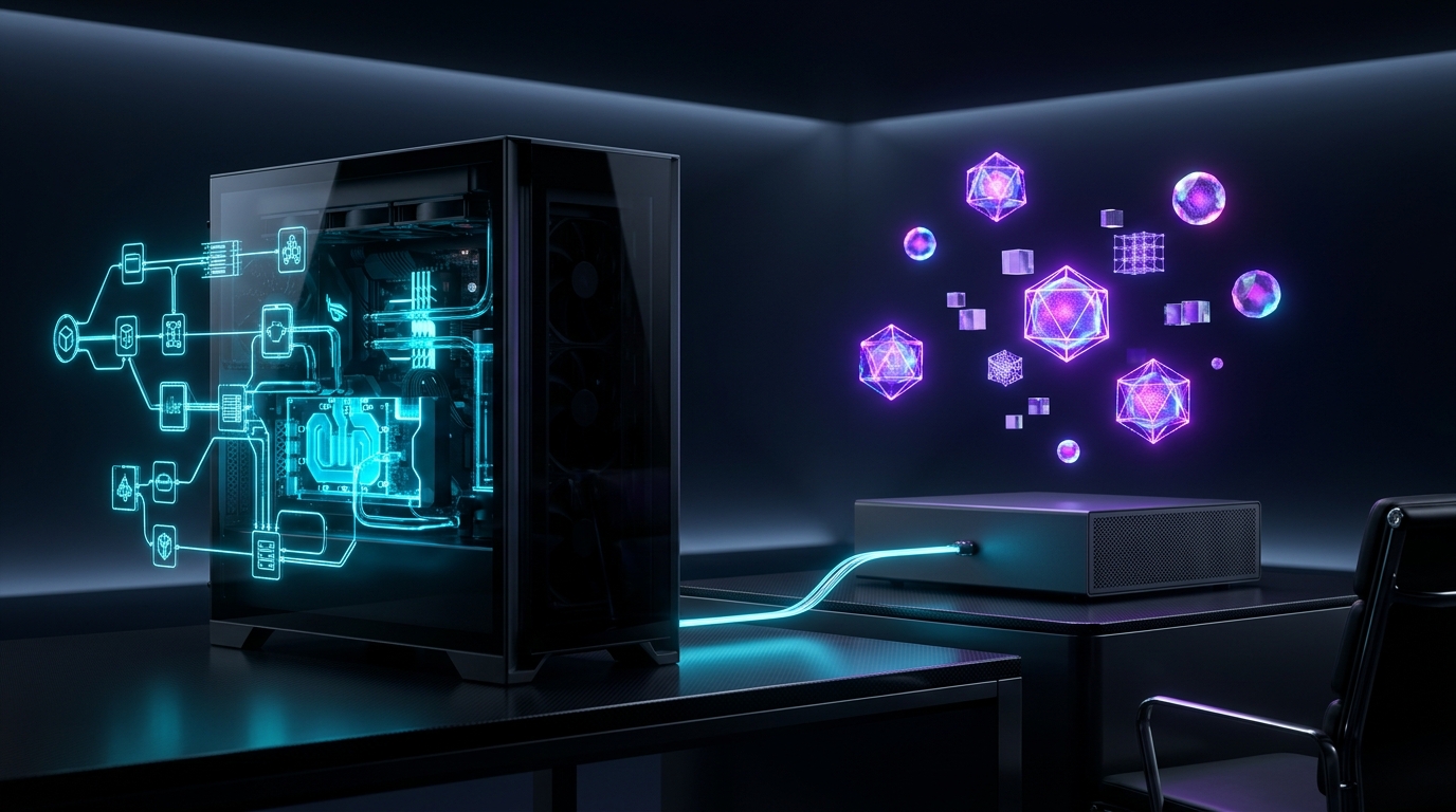 RTX制作ワークステーションと大容量メモリAI推論ノードが連携し、複数のAIエージェントとツール実行環境を並列処理する概念図