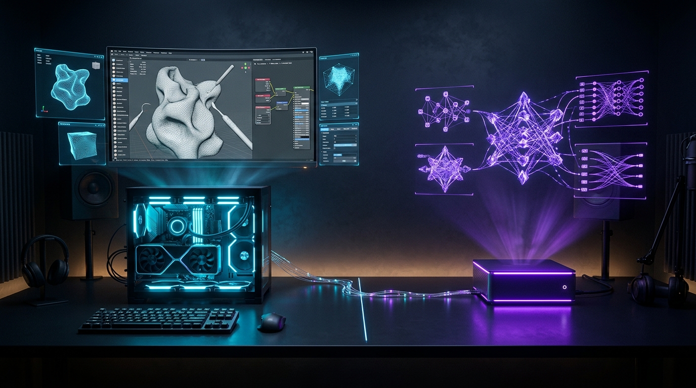 RTX制作PCと大容量ユニファイドメモリAIノードの2台構成による実践ワークフローと役割分担のイメージ