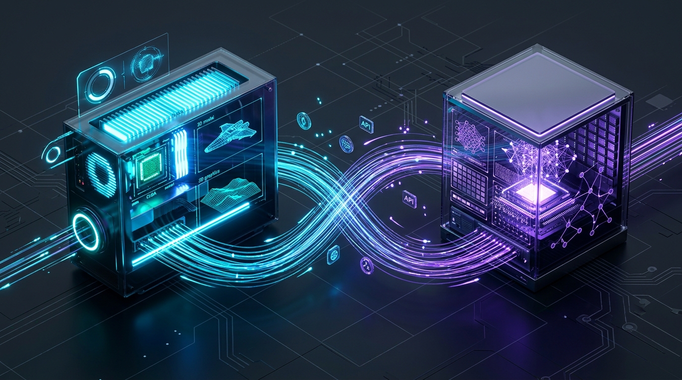 RTX制作PCと128GB AIミニPCの分散コンピューティング連携概念図