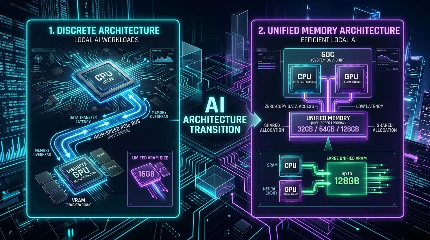VRAM中心のPC選びから大容量共有メモリアーキテクチャへ変化するAI PCの概念図