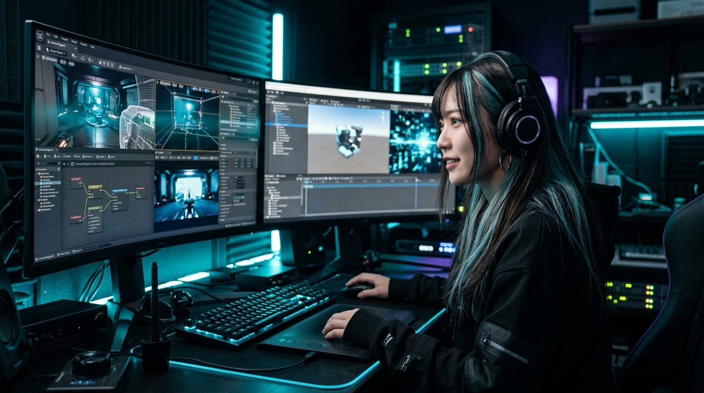 Unreal EngineやUnityのリアルタイム制作環境とクラウドストリーミングの対比概念図